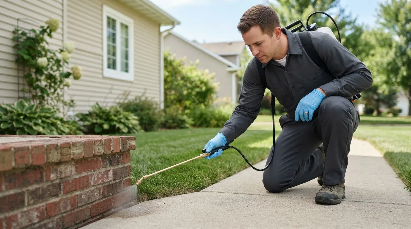 Pest control technician treating a home near Angola, IN